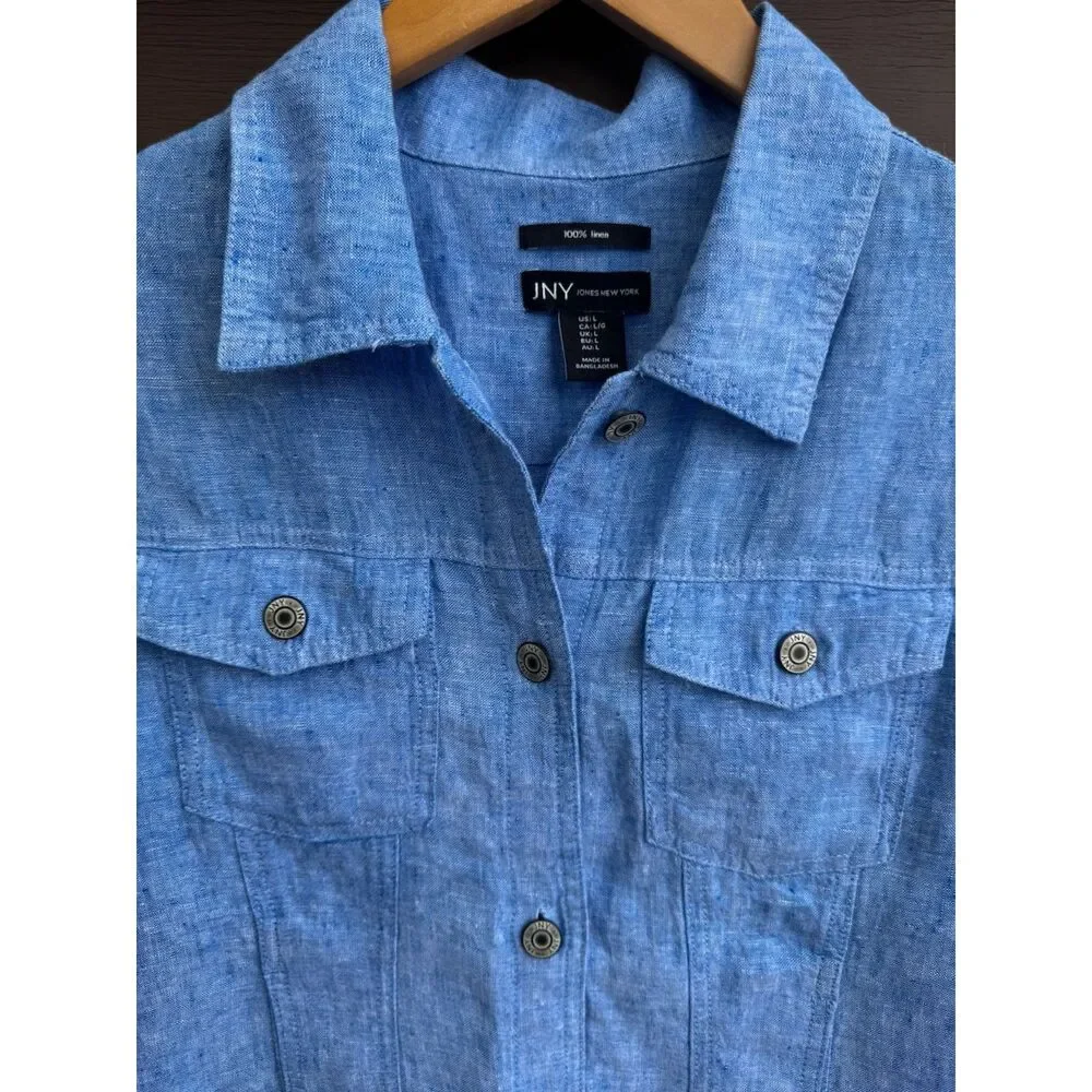 Jones New York Linen Jacket L Blue Jean Style Button Front Coastal Resort - Picture 6 of 15